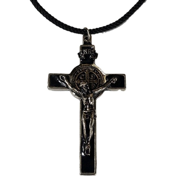 St. Benedict Crucifix Necklace Black Enamel Cross with Cord Catholic Pendant - Picture 4 of 9
